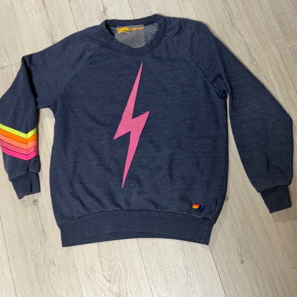 Aviator Nation Charcoal Gray Pink Lightning Bolt Rainbow Stripe Sweatshirt M
